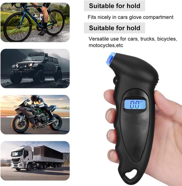 Digital dæktryksmåler, dæktryksmåler til bil og motorcykel, sort (1 stk.)