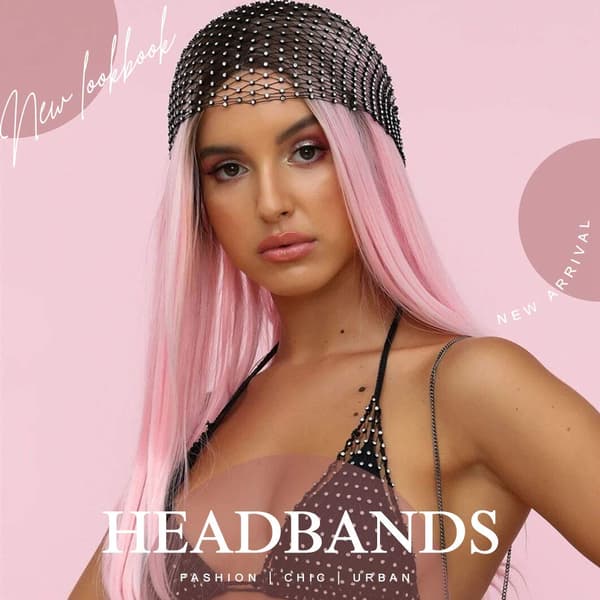 Mesh Rhinestone Hodebånd med Svart Glitter Bredt Hårbånd Elastisk