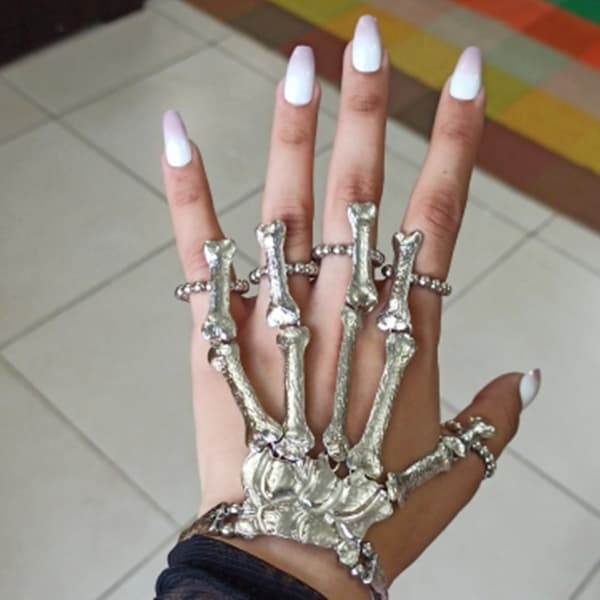 Asusteet Hem Gothic Skull Tool Full Hand Skull Bracelet Ring,
