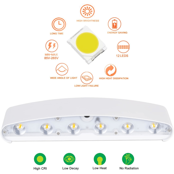 LED-seinävalaisin sisätiloihin, 12 W, valkoinen, moderni seinävalaisin, IP65-vedenkestävä