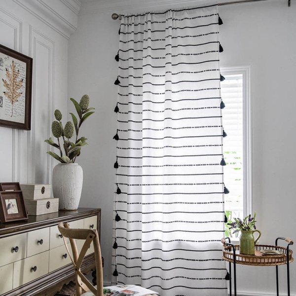 Boho-stil sorte stribede gardiner med kvast bomuld/linned