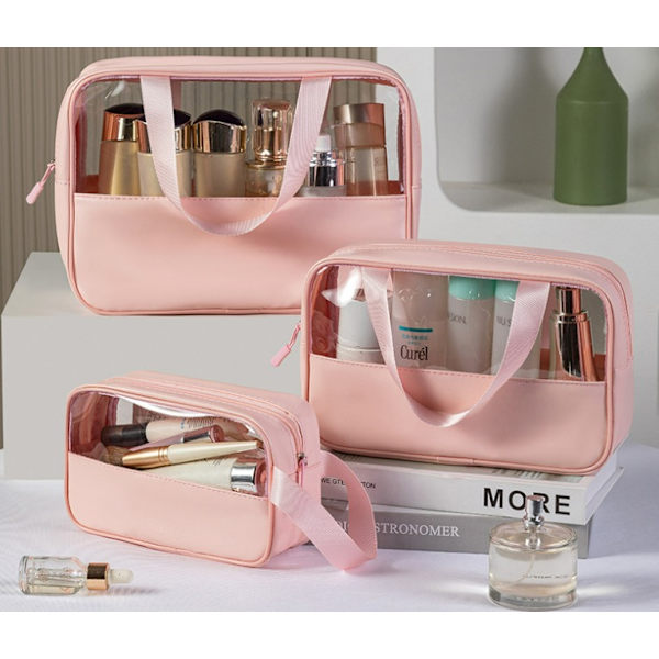 (Pink)3 stk. Transparent Makeup Taske, Rejsetaske til Toiletartikler, Vand