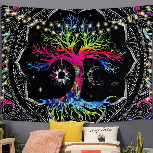 Livets träd väggbonad psykedelisk mandala sol måne gobeläng