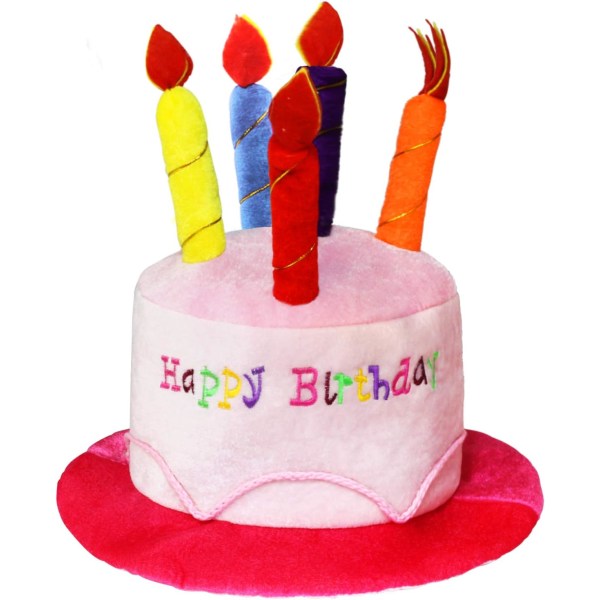 Rosa plysch Grattis på födelsedagen Cake Hat - Unisex vuxenstorlek Fancy Dress