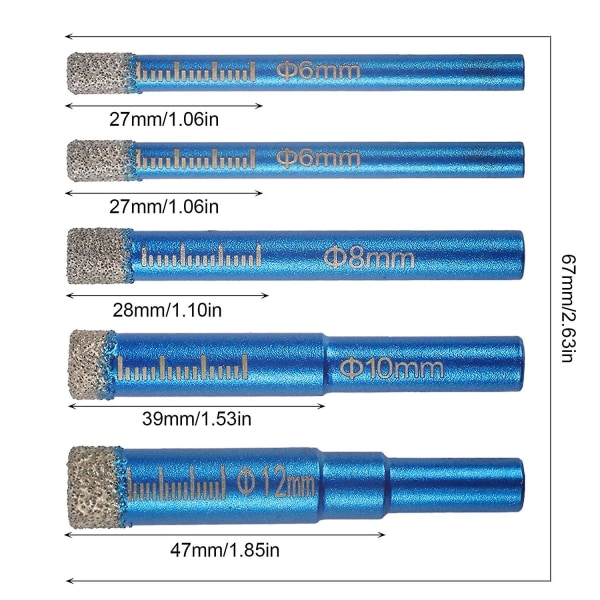 5 stk. Loddede diamantbor, tørre flisbor 6/6/8/10/12 M