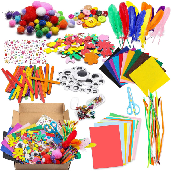1000 stk DIY Craft pedagogiske lekesett for barn DIY Crafts piperensere, farget filt, glitrende pomponger, fjær, knapper, paljetter, pinner