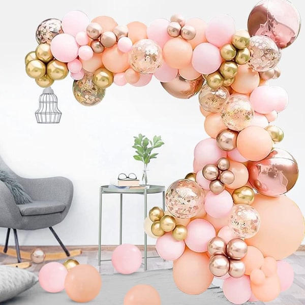 Ballonbuesæt, ferskenlyserød ballonguirlande med rosaguldmetal