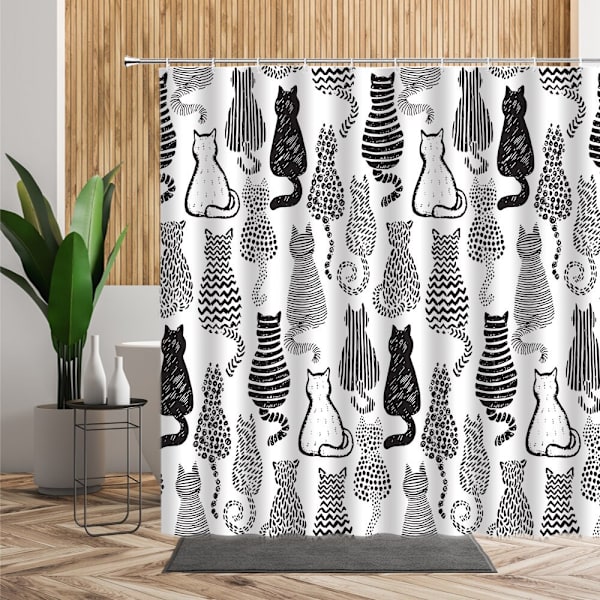 Svartvit katt duschdraperi, handritad kattunge katt doodle B