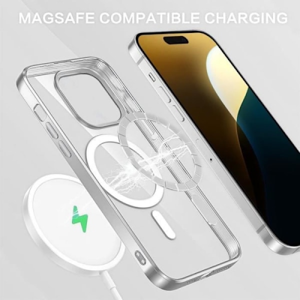 iPhone 16 Pro Max -kotelo magneettirenkaalla, läpinäkyvä kansi, kiiltävä hopea