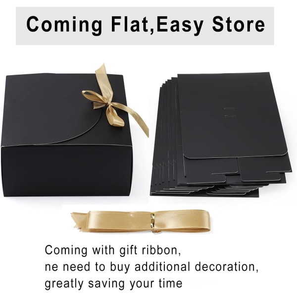 Pack of 10 Large Kraft Gift Boxes with Ribbon, 27x20x8cm, Square