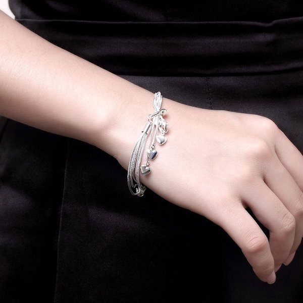 Silver Five Wire Chain Strap Five Heart Bangle Bracelet
