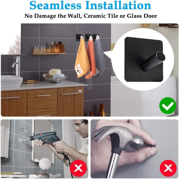 Sæt med 4 Selvklæbende Kroge i Rustfrit Stål, Sort, Ingen Borring Nødvendig