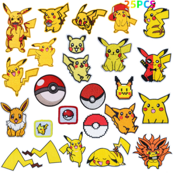 25 tegneserie pikachu patches, broderede applikationsmærkater syning