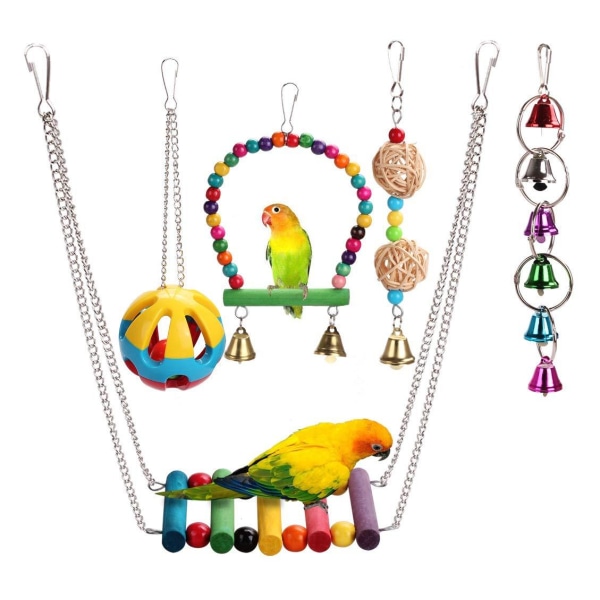 Bird Parrot Swing Chewing Toy Set 5PCS Wooden Hanging Bell with H