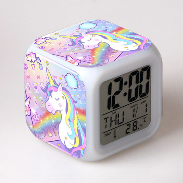 Unicorn Girls digital väckarklocka, ljus LCD LED-kub med ljus