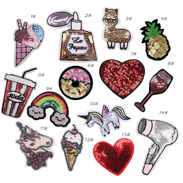 14 stk. Sequin broderet stof patch, regnbue alpaka enhjørning, Cl