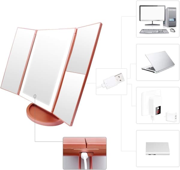 Lighted Vanity Mirror, 1x/2x/3x forstørrelse, med LED Touch Scr