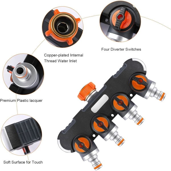 4-veis hageslangedeler, 3/4\" & ½\" kranadapterklips