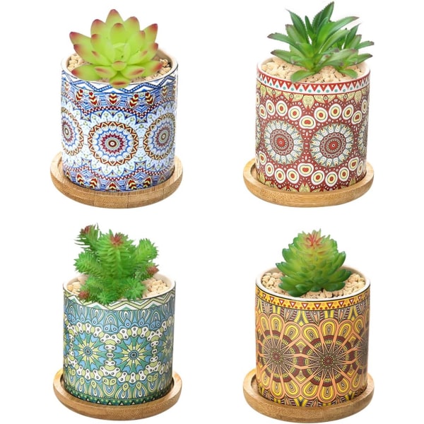 4 stycken suckulentkruka Mandalamönster Keramik liten växtkruka med bricka Miniblomkruka för balkonginredning för hemmakontor (4 stycken)