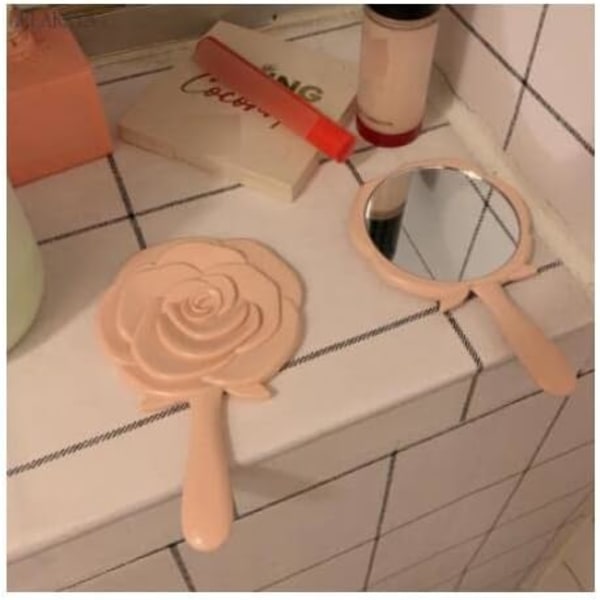 Vintage Rose Carving Håndholdt Makeup Spejl Pink Tiny Spejl med