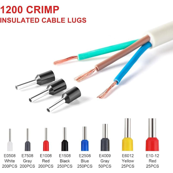 Krympetang Krympeværktøjssæt AWG23-7/0,25-10mm² med 1200 stk. isolerede ledningsklemmer Elektriske krympekonnektorer Professionel elektriker tang