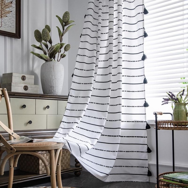Boho-stil sorte stribede gardiner med kvast bomuld/linned