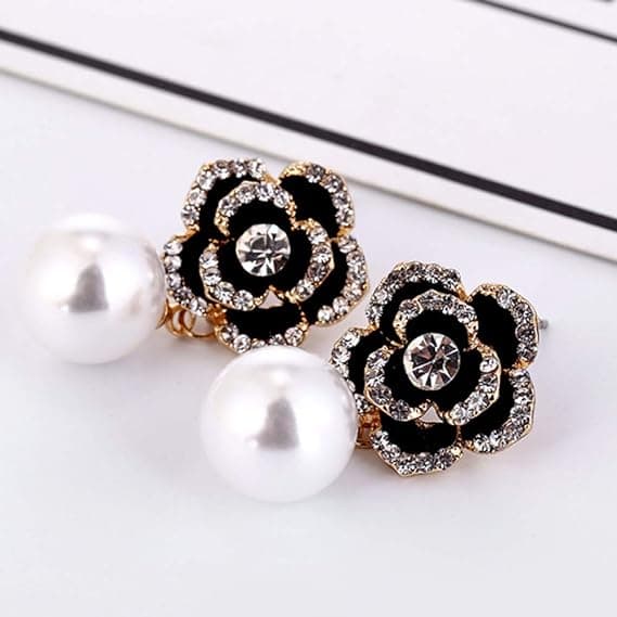 Kvinde Imitation Pearl Rose Charm Dangle Drop Øreringe