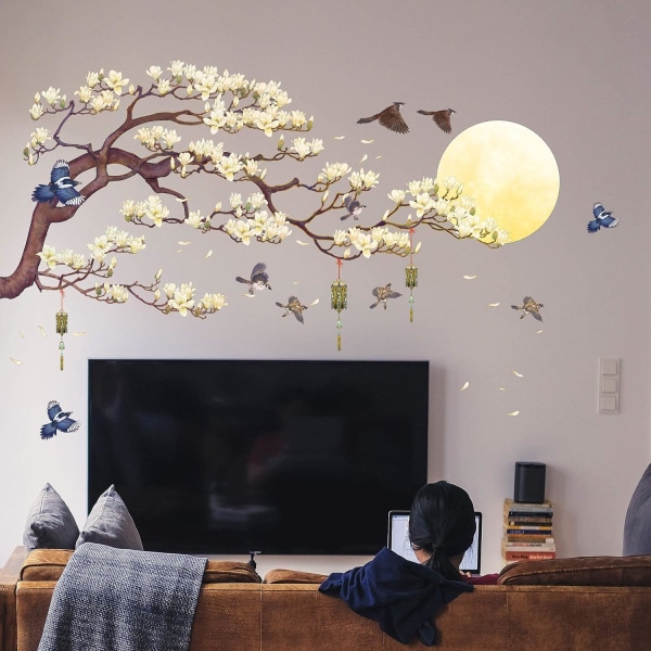 White Magnolia Tree Branch Flying Birds Wall Stickers Peel and St