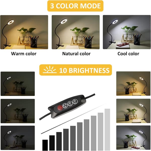 USB Sort Klemme Skrivebordslampe, 48 LED, 3 Farver og 10 Dæmpbare Intensiteter