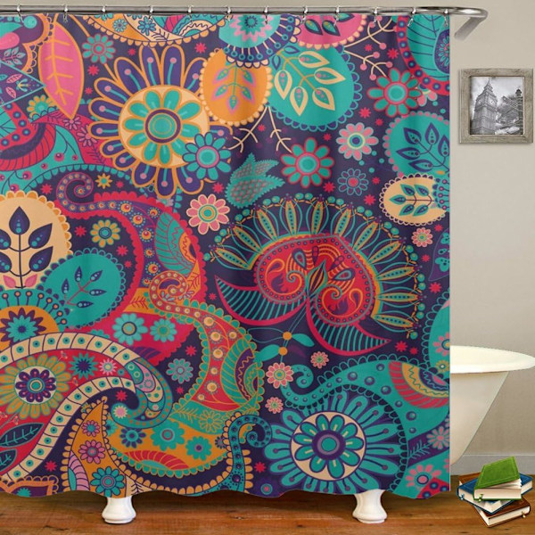 Mandala Etnisk Dekor Duschdraperi Retro Geometriska Runda Mönster Blomstertryck Tema Badrumsset med Krokar 180x180cm