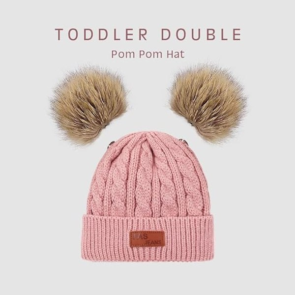 Spædbarn Lillebarn Uldhat Ren Farve Vinter Twist Dobbelt Pom Pom