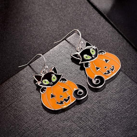 Halloween Orange Pumpkin Black Kitty Cat  Dangle Øreringe