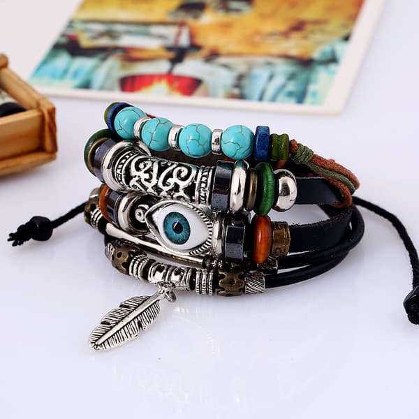 Boho National Stone Multilayer Leather Bracelet Evil Eye Charms T