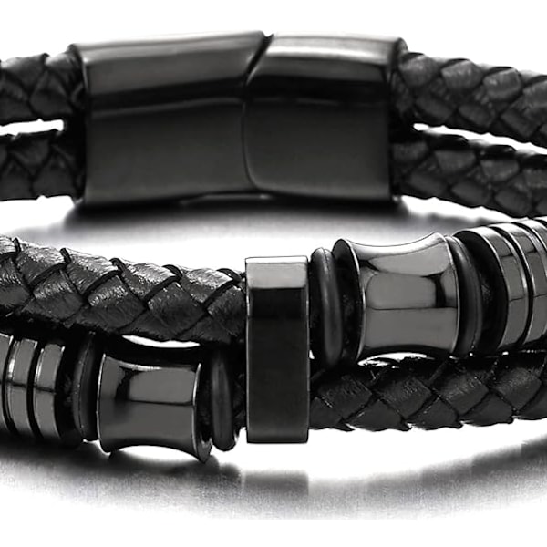 Herre Dobbelt-Række Sort Flettet Læder Armbånd Bangle Armbånd w