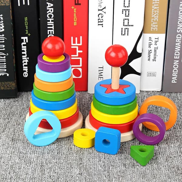 Baby Kids Trä Regnbåge Ring Stapling Spel Pussel Leksak