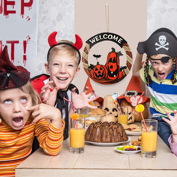 Skummel gresskar velkomstkrans for Halloween, inngangsdørdekor, Wo