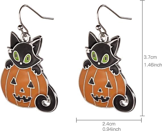 Halloween Orange Pumpkin Black Kitty Cat  Dangle Øreringe