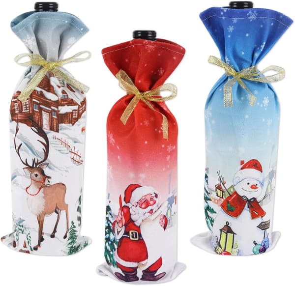 3 st julröda vinflaskeöverdragsväskor tomte snögubbe