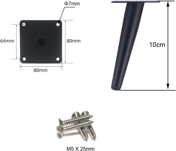 4 st sneda bordsben i metall, koniska möbelben
