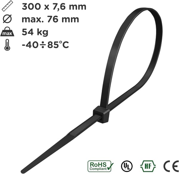 Kabelbindare 300 mm x 7,6 mm, Kabelbindare, Nylonkabelbindare, Kabelbindare
