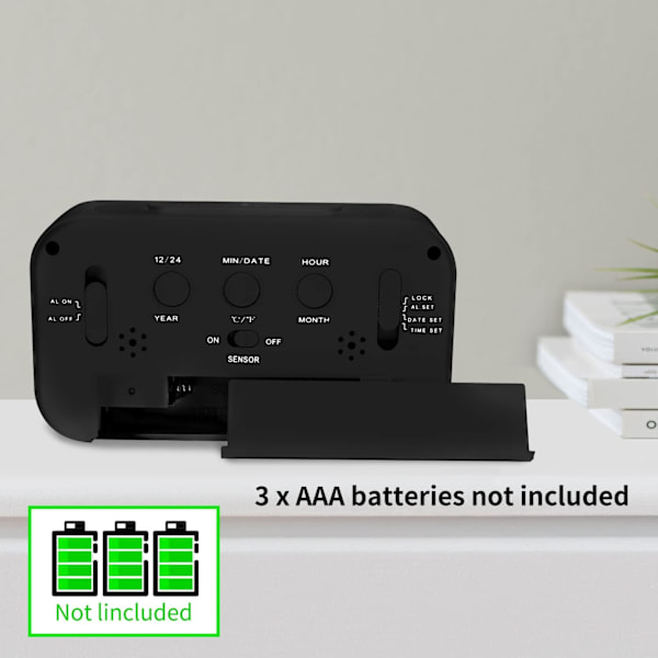Digital Väckarklocka med Rumstemperatur, Batteridriven, Snooze-läge (Svart)