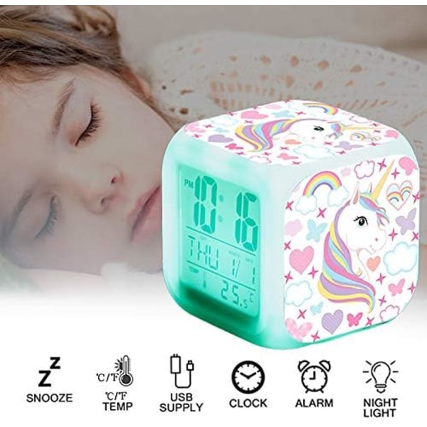 Unicorn Girls Digital Alarm Clock, Bright LCD LED Cube with Light