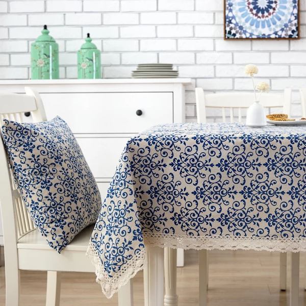 Pestävä puuvillapellavakangas Vintage Navy Damask -kuvioitu koriste