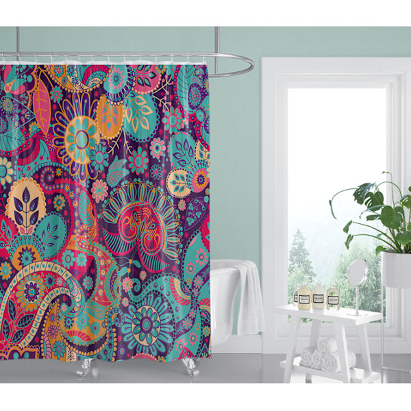 Mandala Etnisk Dekor Duschdraperi Retro Geometriska Runda Mönster Blomstertryck Tema Badrumsset med Krokar 180x180cm