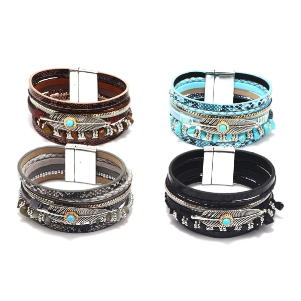 Dam Läder Manschett Armband Fjäder Multi Strand Armband Wrap B