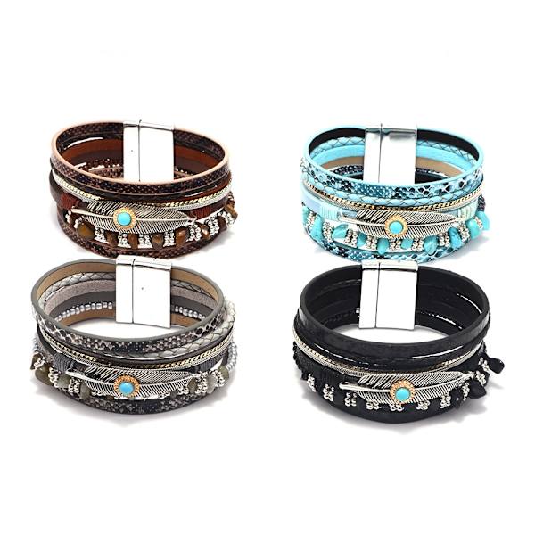 Womens Leather Cuff Bracelet Feather Multi Strand Bracelet Wrap B