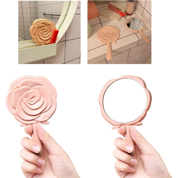 Vintage Rose Carving Handheld Makeup Mirror Pink Tiny Mirror with