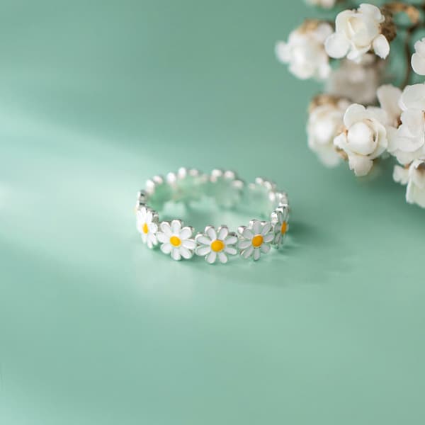 Öppen ring i sterling silver, justerbar solrosbröllopsring