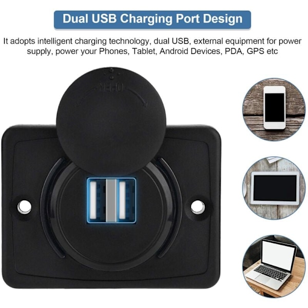 12V Bil USB Stik Planmontering, Bil USB Oplader, Dobbelt USB Oplader Stik Adapter 2 Porte, USB 3.1A 12V LED Vandtæt Opladningspanel til RV Båd Marine