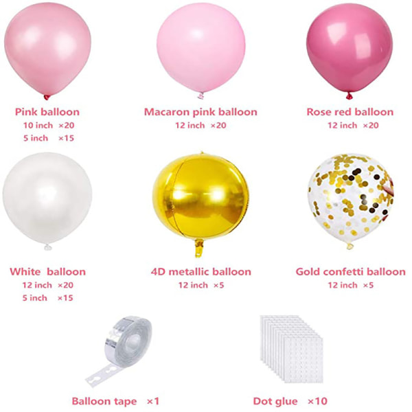 131 stycken Rosa vit ballongkit Guld och vit ballonggirland